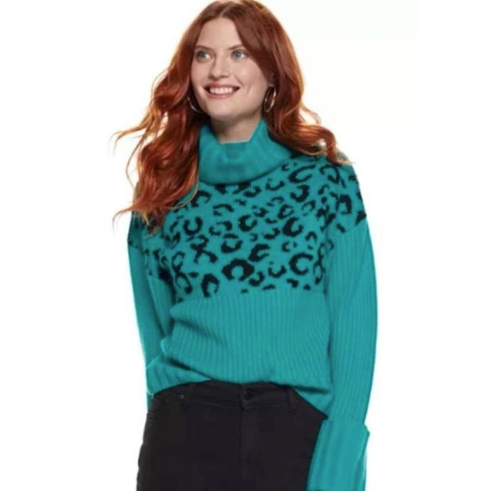 NINE WEST | NWT Teal Animal Print Turtleneck Sweater | M - Picture 1 of 4